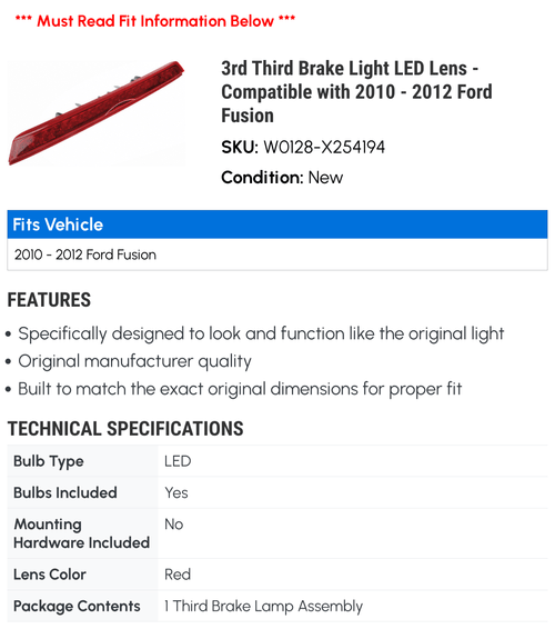 3rd Third Brake Light LED Lens - appropriate with 2010 - 2012  Fusion 2011
