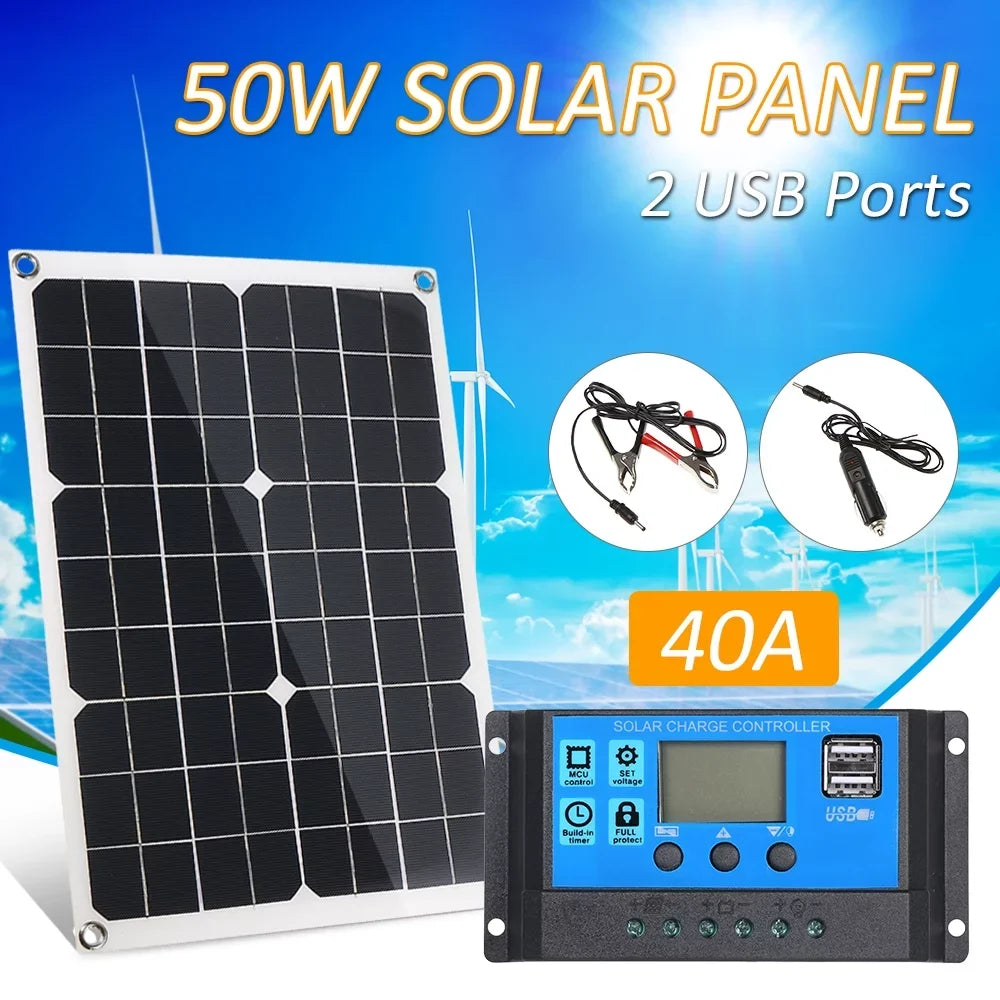 50W DC 5V/18V Dual Output Solar Panel with 2 USB Ports & Car Charge IP65 aqua Resistance /24V Solar Charge Controller PWM Intelligent Regulator