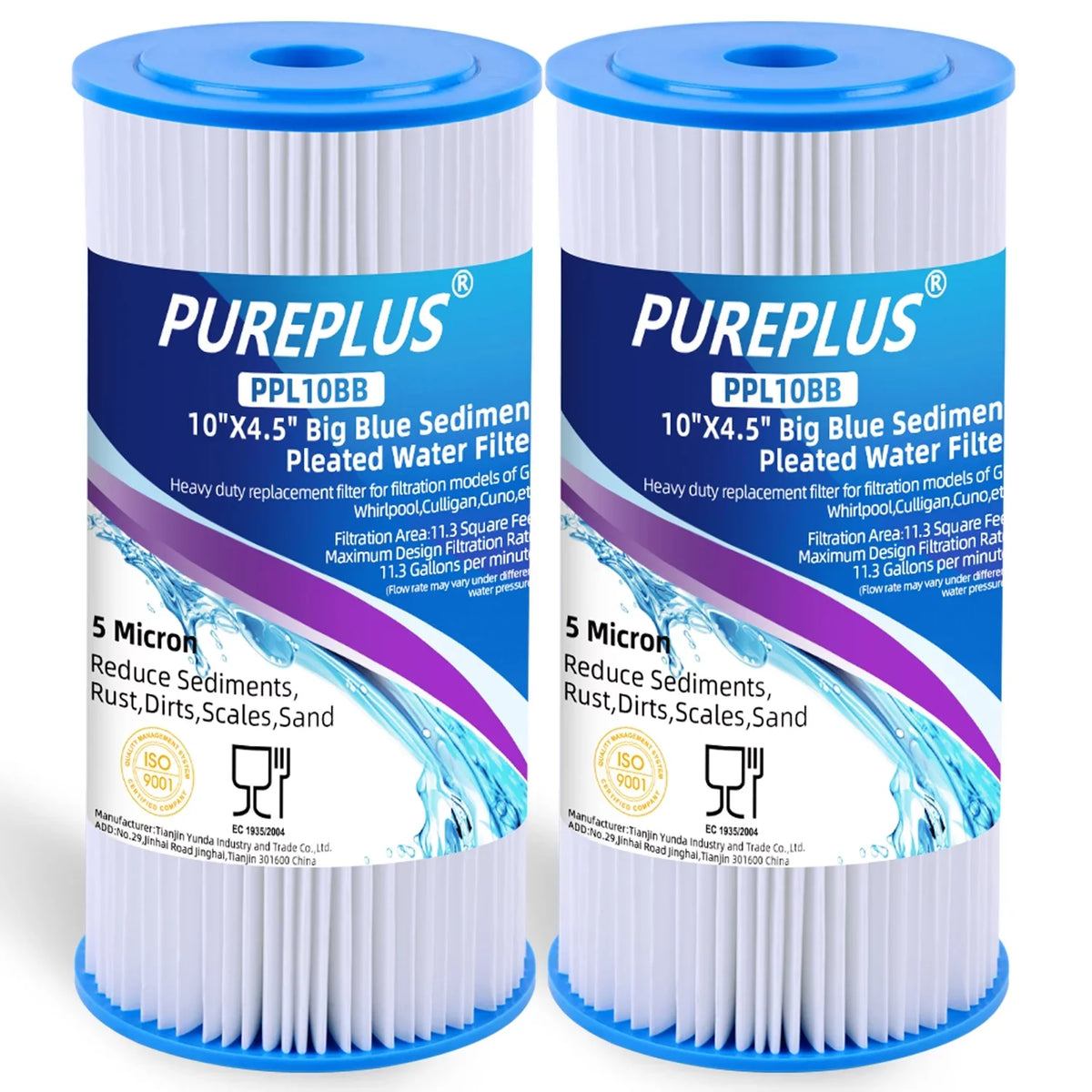 PUREPLUS FXHSC 10" x 4.5" Whole House liquid Filter, Replacement for GE FXHSC, Culligan R50-BBSA, Pentek R50-BB and DuPont WFHDC3001, American Plumber W50PEHD, GXWH40L, Pack of 2