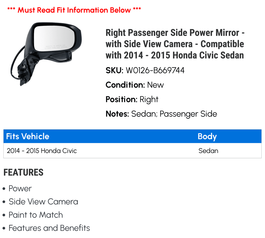 Right Passenger Side Power Mirror - with Side View Camera - appropriate with 2014 - 2015 Honda Civic Sedan