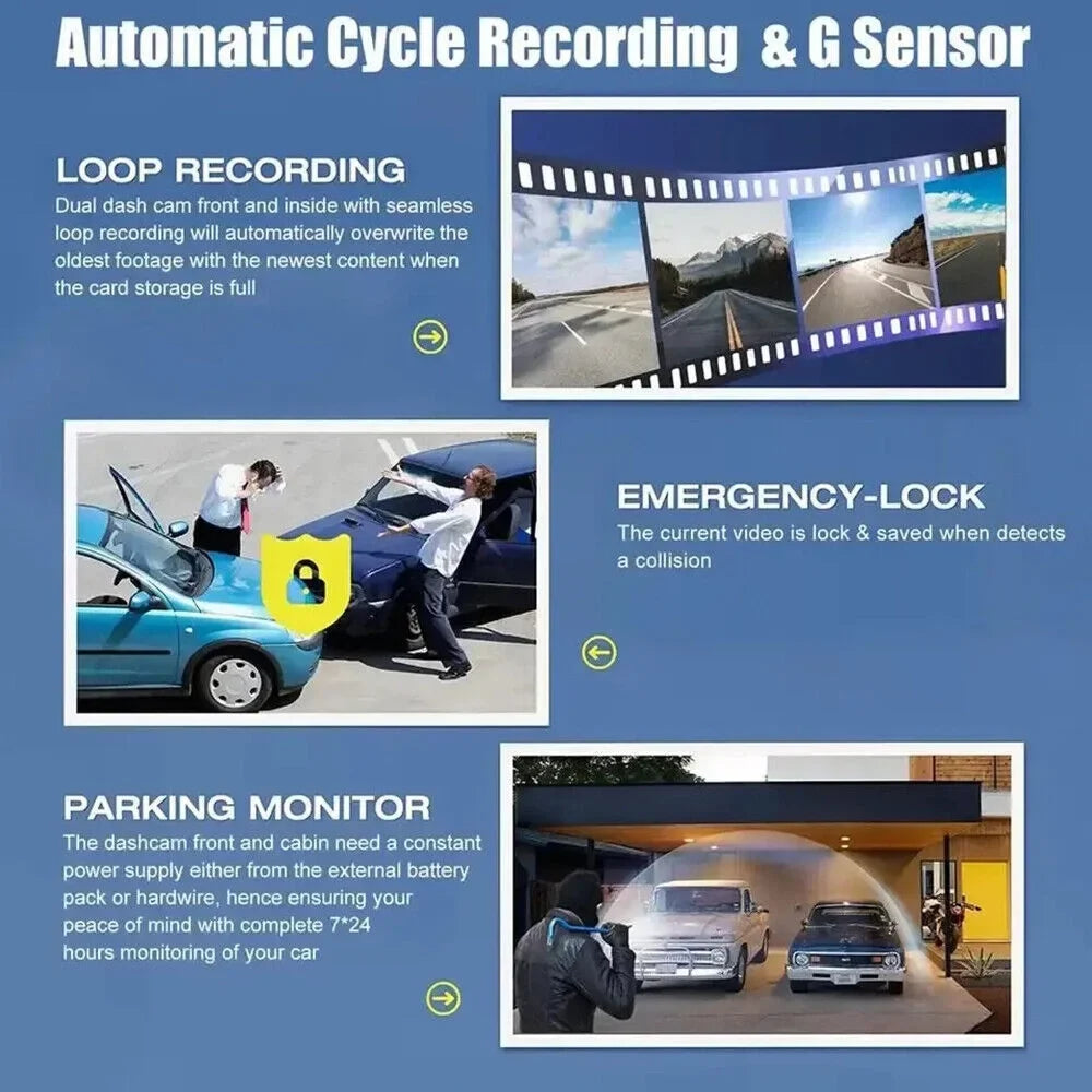 JLLOM Car Dash Cam 1080P Dual Lens Front/Rear/Inside G-sensor Video Recorder Monitor System