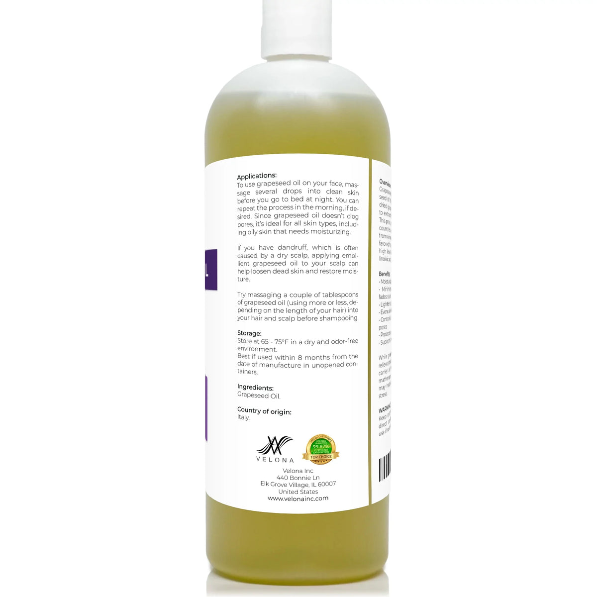 Velona Grapeseed Oil - 32 oz | 100% Pure and Natural Carrier Oil | Refined, Cold pressed | Cooking, Skin, Face, Body, Hair Care