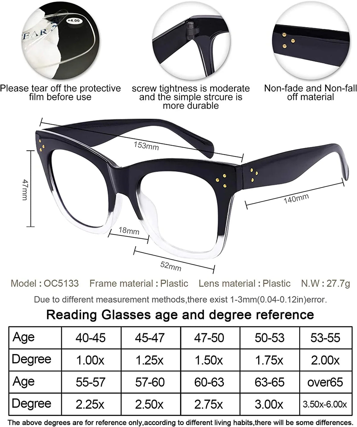 OCCI CHIARI Blue Light Filter Reading Glasses for Women Computer Reader Magnification 0 100 150 200 250 300 350 400 500 600 (Black-Clear, 6.0)