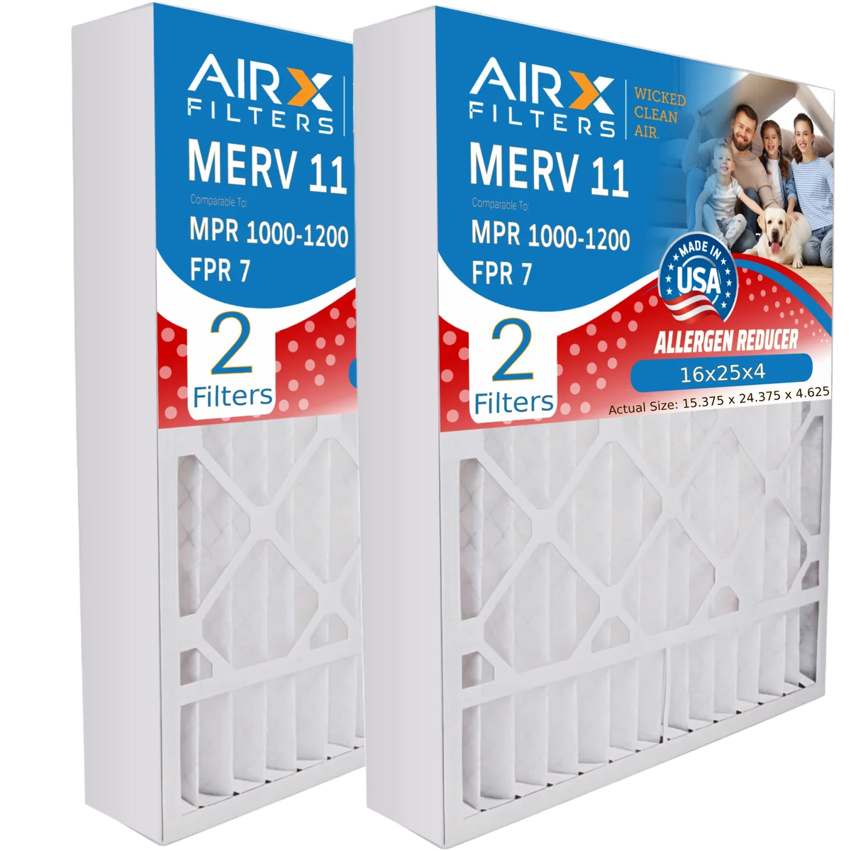 16x25x4 Air Filter MERV 11 Comparable to MPR 1000, MPR 1200 & FPR 7 matching with TopTech TT-FM-1625 Premium USA Made 16x25x4 Furnace Filter 2 Pack by AIRX FILTERS WICKED CLEAN AIR.