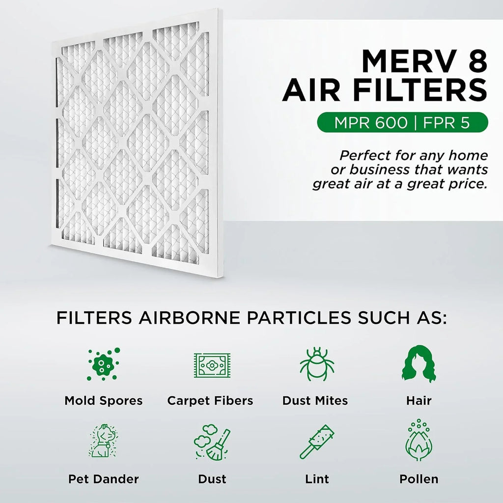 Ext Size: 23-3/8 X 23-3/8 X 3-3/4. Case Of 6. 24X24x4 MERV 8 Pleated HV Furne Air Filters