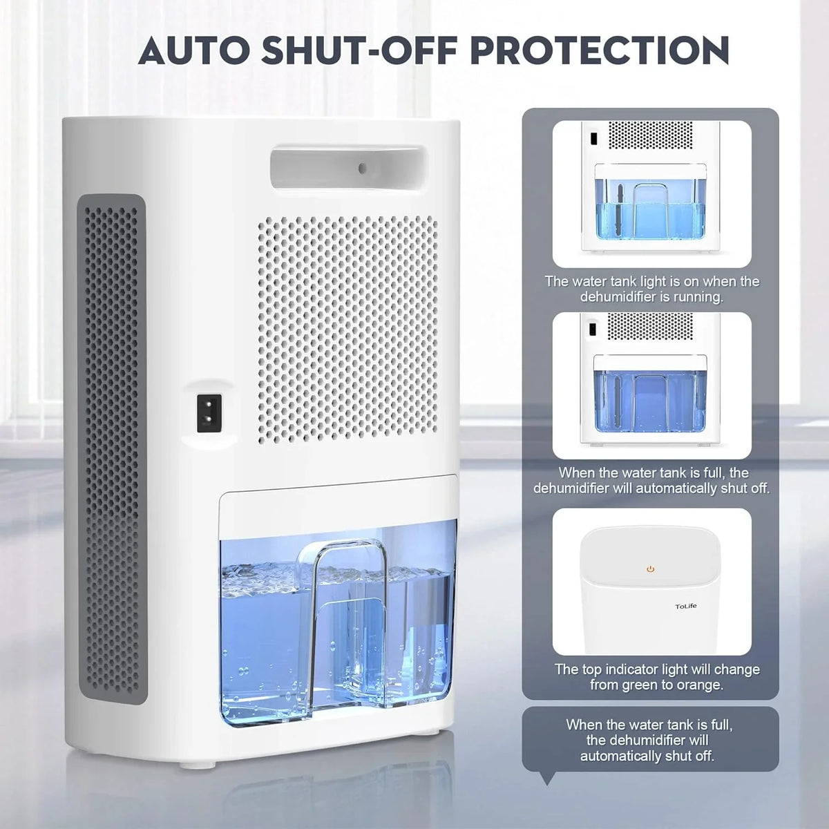 ft) Portable Dehumidifier for Bathroom, Bedroom, Basement, RV, 7 Colors LED Light, White. FJU Dehumidifiers for Home, 62 OZ Dehumidifier for Room with Auto Shut Off, Sleep Mode (800 sq