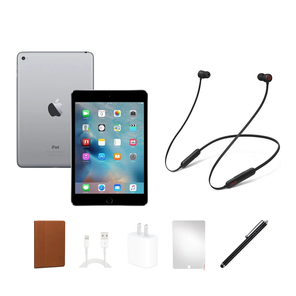 Restored  Mini 4 (2015), 7.9" screen, 128GB, Space Gray, Wi-Fi, Beats Flex, Case, Tempered Glass, Stylus Pen, Charging Accessories.
