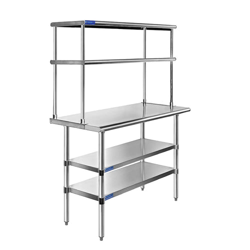 18" x 48" Stainless Steel Work Table With Two Shelves | 12" Wide Double Tier Overshelf | Metal Kitchen Prep Table & Shelving Combo