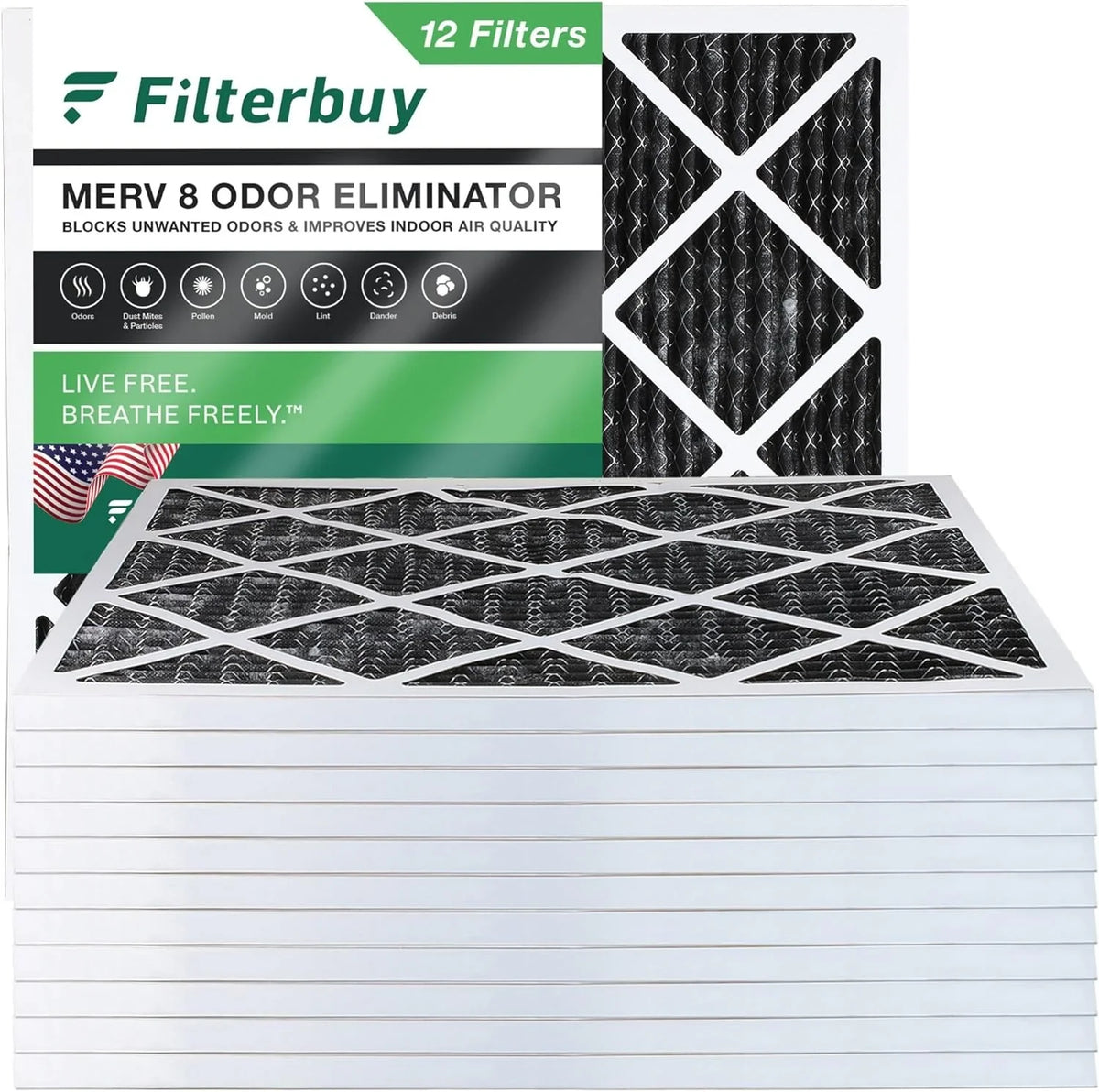 Filterbuy 18x18x1 MERV 8 Odor Eliminator Pleated HVAC AC Furnace Air Filters with Activated Carbon (12-Pack)