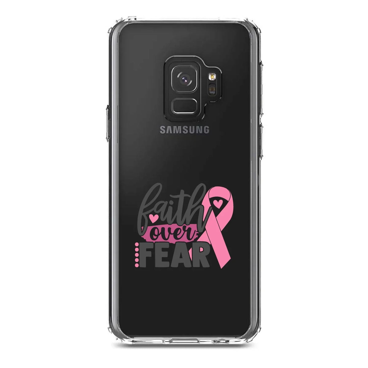 DistinctInk Clear Shockproof Hybrid Case for  Galaxy S9 (5.8" Screen) - TPU Bumper Acrylic Back Tempered Glass Screen Protector - Pink Ribbon Cancer - Faith Over Fear