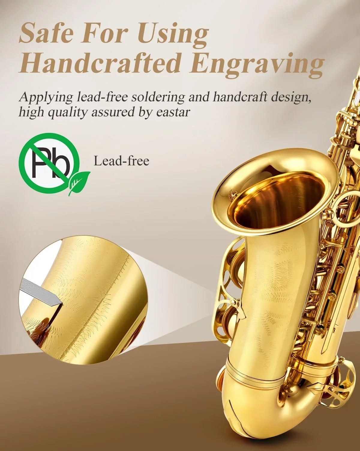 Eastar Alto Saxophone with Stand E Flat Gold Lacquer Student Beginner Sax Full Kit School Band Orchestra Instruments AS-II