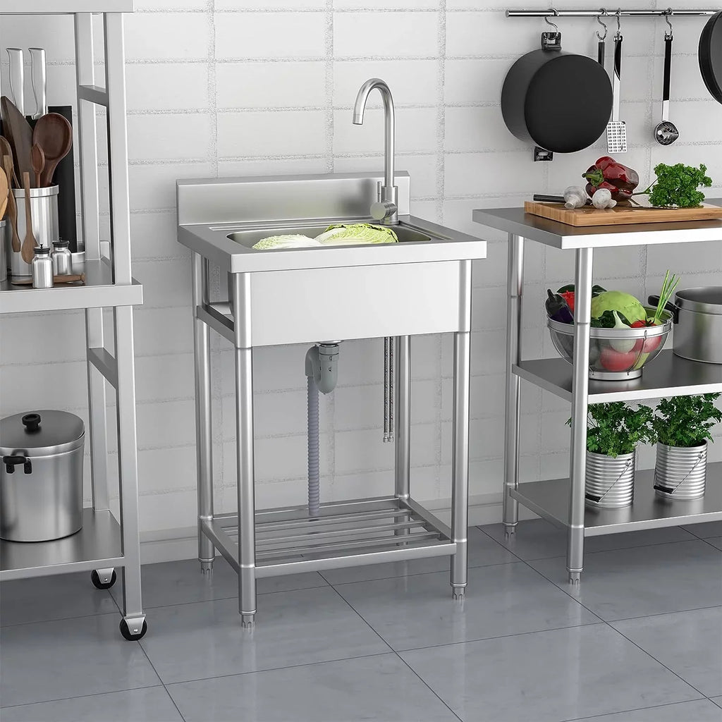 Utility Sink Stainless Steel Free Standing Single Bowl with Cold and Hot moisture Pipe - Ideal for Laundry Room, Bathroom, and Farmhouse