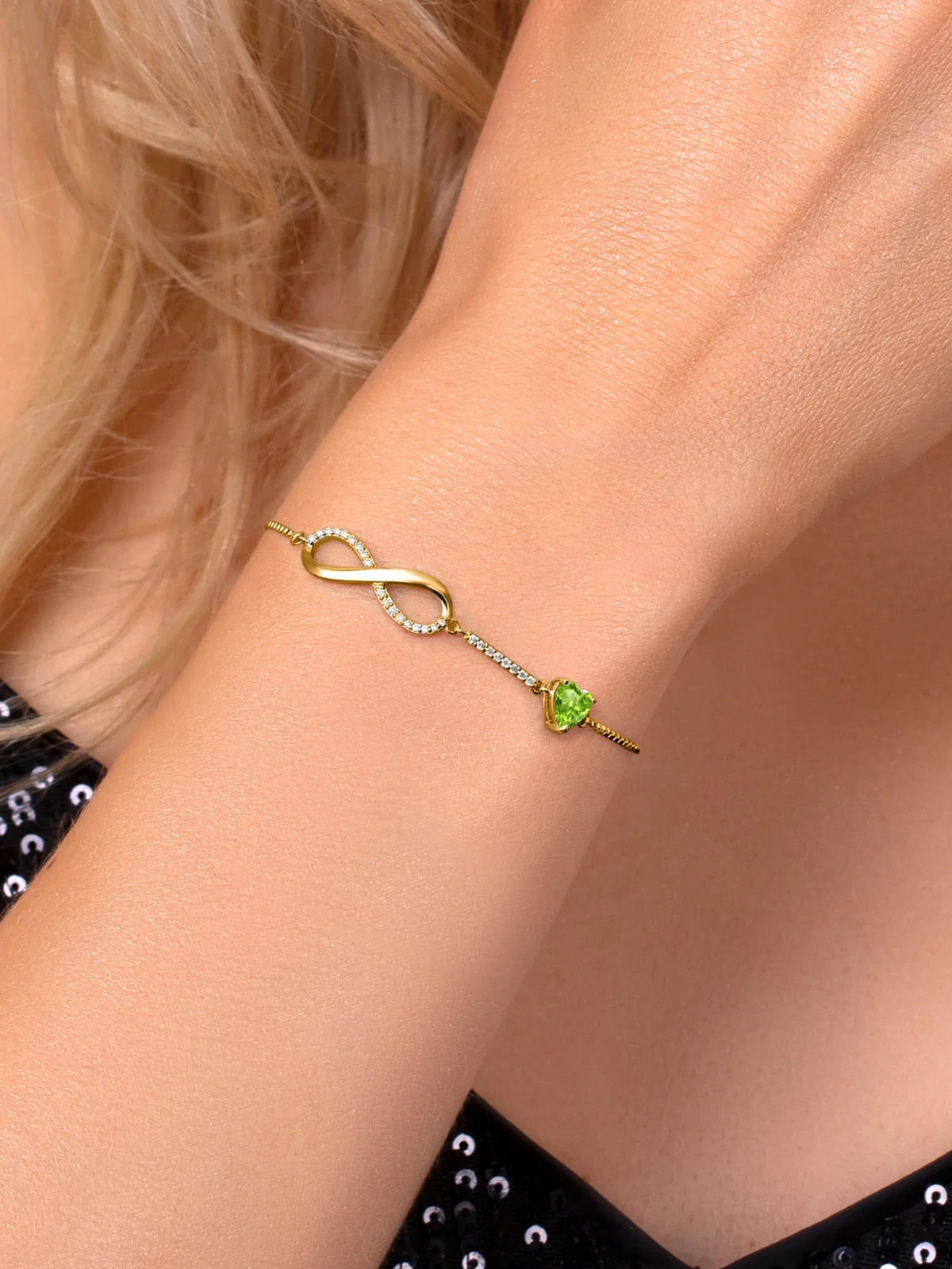 Gem Stone King 18K Yellow Gold Plated Silver Infinity Bracelet For Women with Heart Peridot and Moissanite (0.90 Cttw, Box Chain Fully Adjustable Up to 9 inch)