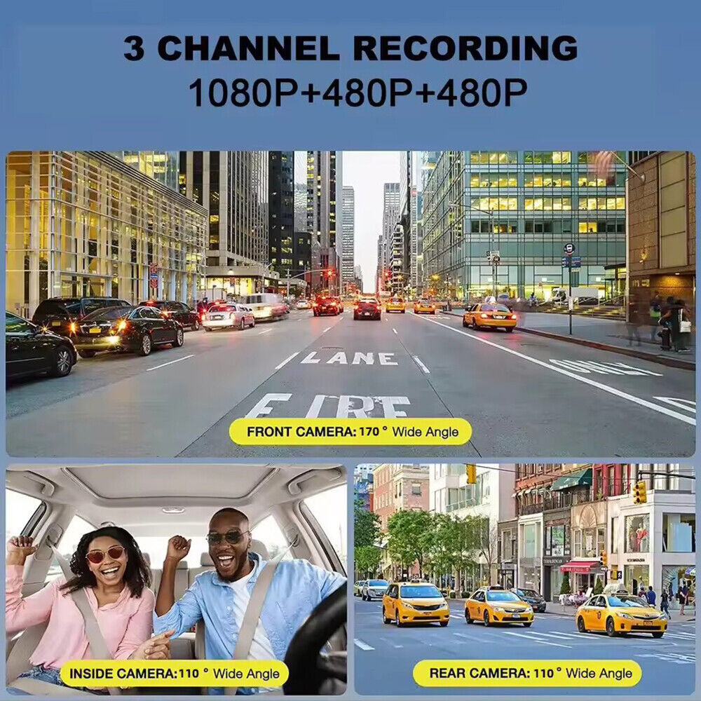 JLLOM Car Dash Cam 1080P Dual Lens Front/Rear/Inside G-sensor Video Recorder Monitor System