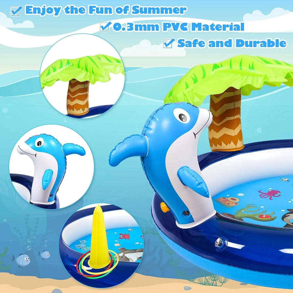 Kid Inflatable Swimming Pool, Blow Up Pool, Outdoor toys, Toddler Swimming Pool With Dolphin Sprinklers, Blue