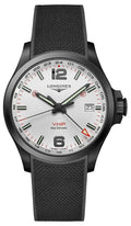GMT Black PVD Black Rubber Strap Silver Dial Perpetual Calendar Date Quartz Mens Watch L3.728.2.76.9. Longines Conquest V.H.P