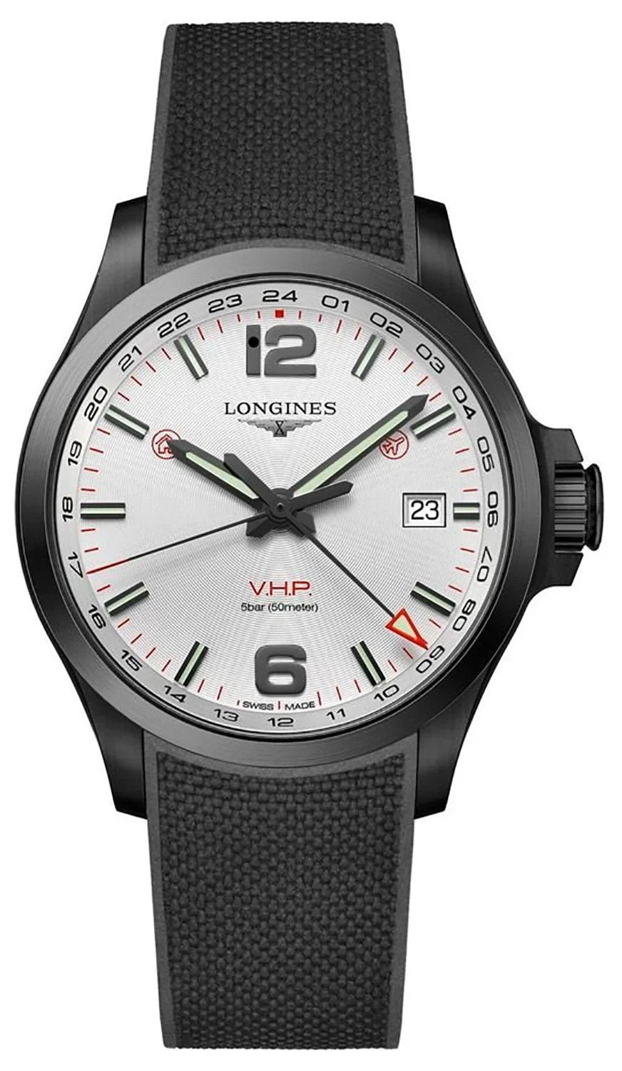 GMT Black PVD Black Rubber Strap Silver Dial Perpetual Calendar Date Quartz Mens Watch L3.728.2.76.9. Longines Conquest V.H.P