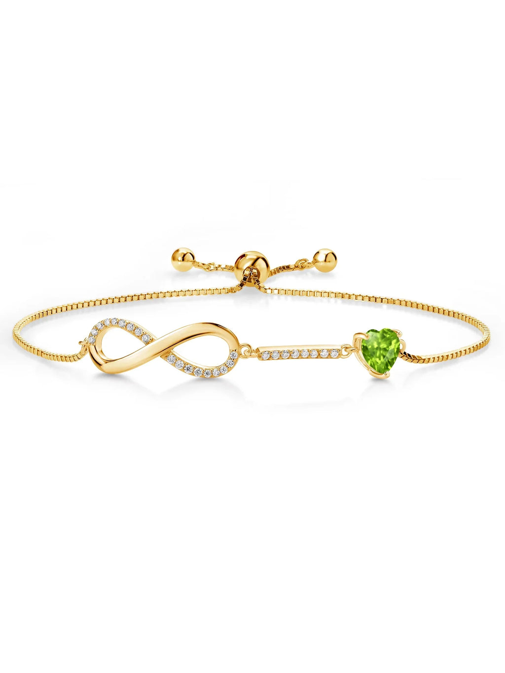 Gem Stone King 18K Yellow Gold Plated Silver Infinity Bracelet For Women with Heart Peridot and Moissanite (0.90 Cttw, Box Chain Fully Adjustable Up to 9 inch)