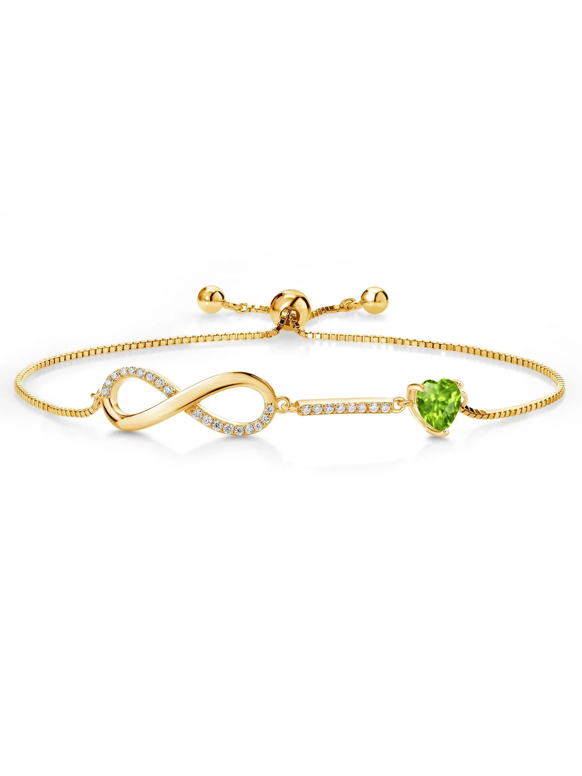 Gem Stone King 18K Yellow Gold Plated Silver Infinity Bracelet For Women with Heart Peridot and Moissanite (0.90 Cttw, Box Chain Fully Adjustable Up to 9 inch)
