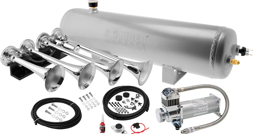 Fits Vehicles like Pickup/Jeep/SUV VXO8330APRO/4124XC. Super Loud dB. Complete Onboard System- 200psi Air Compressor, 3 Gallon Aluminum Tank, 4 Trumpets. Vixen Horns Train Horn Kit for Trucks/Car/Semi