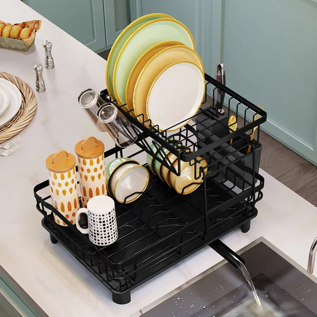 2 Tier Dish Rack and Dish Drainer for Kitchen Counter, Dish Drying Rack with Dish Drainer, Detachable Stainless Steel Dish Drainer Rack with Utensil Holder, Kitchen Dishes Storage and Organizers, Blac