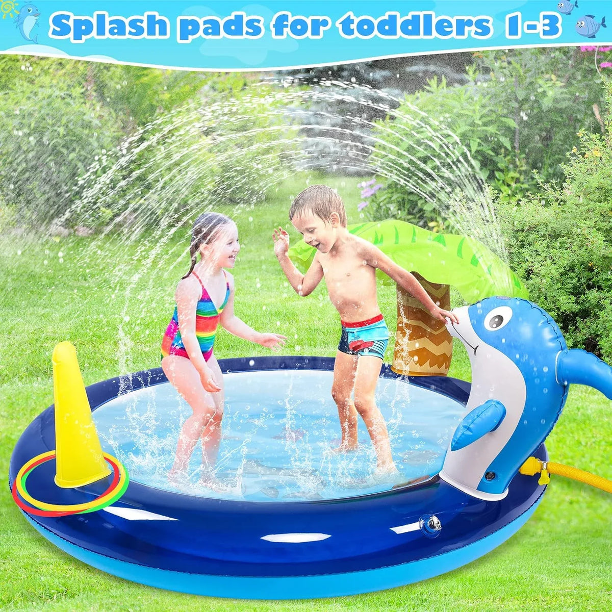 Kid Inflatable Swimming Pool, Blow Up Pool, Outdoor toys, Toddler Swimming Pool With Dolphin Sprinklers, Blue
