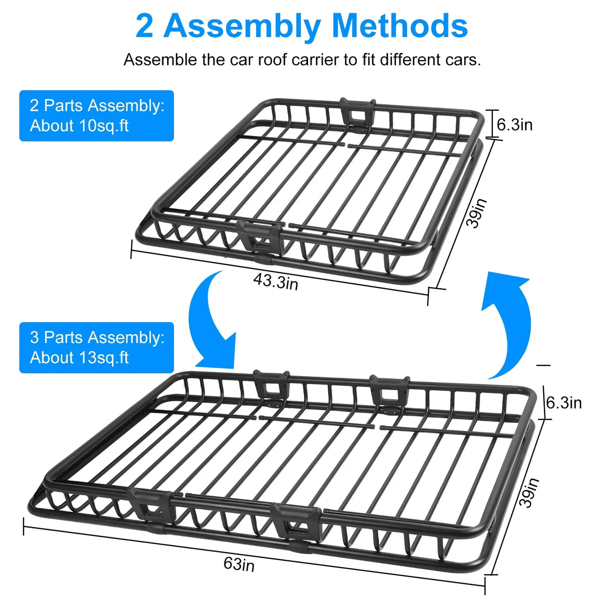 Capacity Roof Rack Basket with Elastic Net and 10 Hooks, 63x39x6.3in, Black. Universal Roof Rack Cargo Carrier, iMounTEK Extension Car Top Luggage Basket, 220 lb