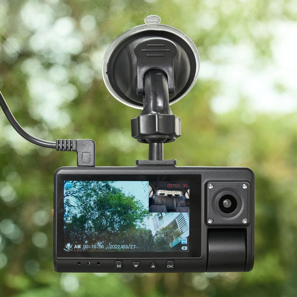 Dual Dash Cam with Ultra-Wide Angle Lens, 3" LCD Screen, Front 1080P Camera with 16GB SD Card, Suppots up to 128GB Max, Built in G-Sensor. onn