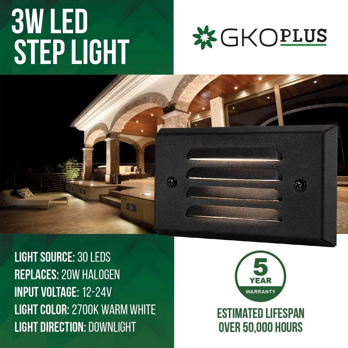 GKOplus 4 Pack 12V 3W Surface Mount Low Voltage LED Step Light with Horizontal Louver Faceplate for Steps Decks Pathway Yard Stairs Fences, IP65 Rated for Outdoor Waterproof, Ideal for Wet Locations