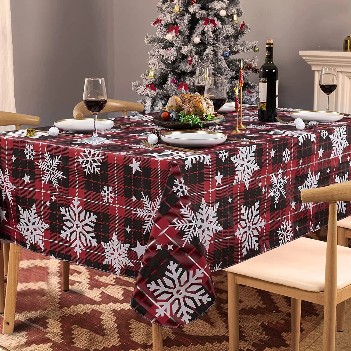 UMINEUX Christmas Tablecloth with Flannel Backing, Waterproof Wipeable Vinyl Rectangle Table wrap for Xmas Parties/Wedding/Holiday/Decoration Use - Heavy Duty Table protector(60x102 Inch, Snowflake)
