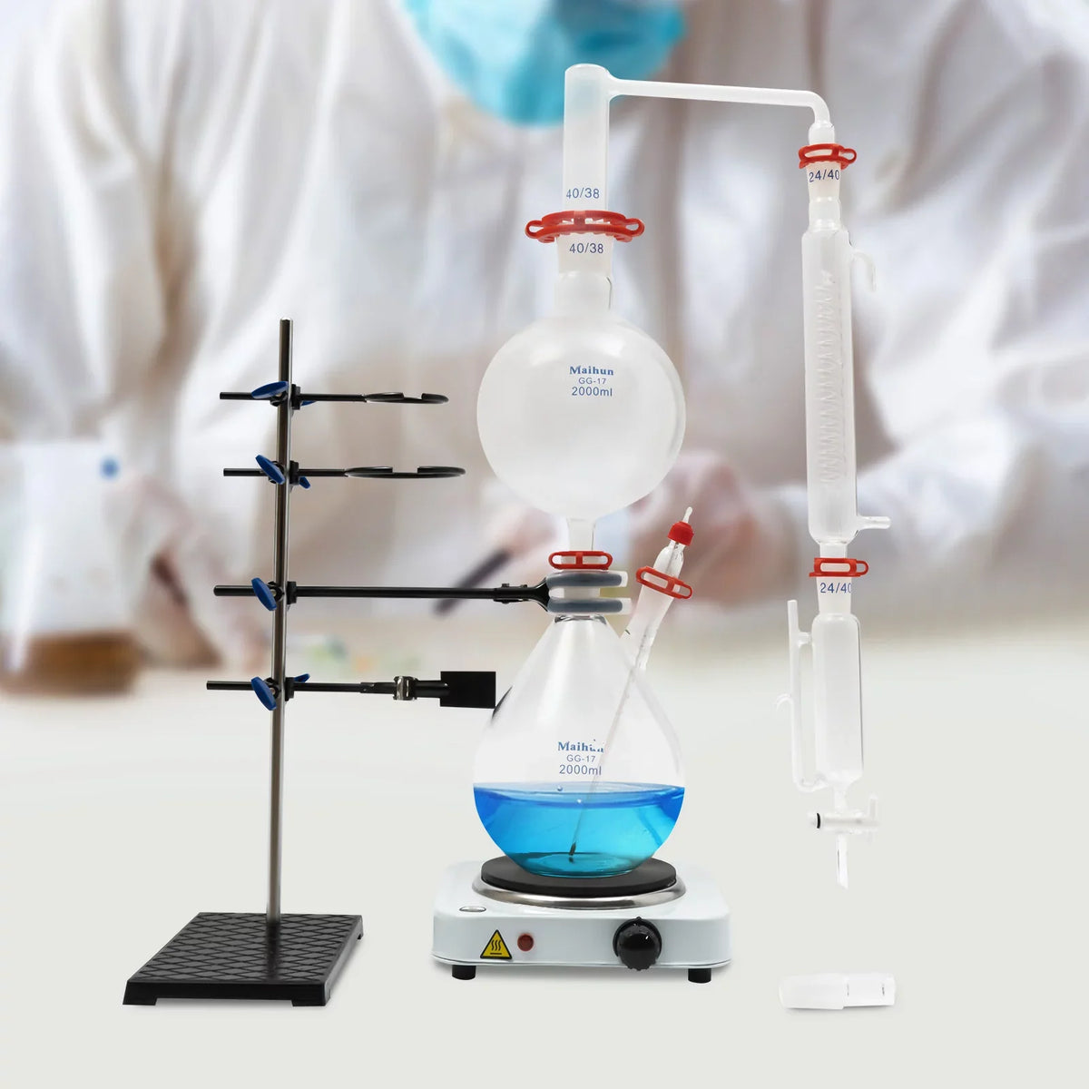 Miumaeov 2000ML Essential Oil Distillation Apparatus with Condenser + Hot Stove + Essential Oil Separator Lab Glass Distillation Kit Steam liquid Distiller Purifier