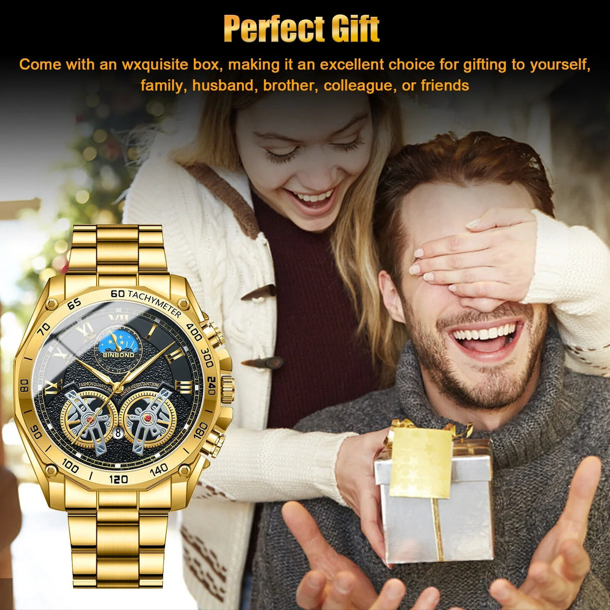 Luxury Gold Waterproof Men's Watch Stainless Steel Quartz Analog Business Gift