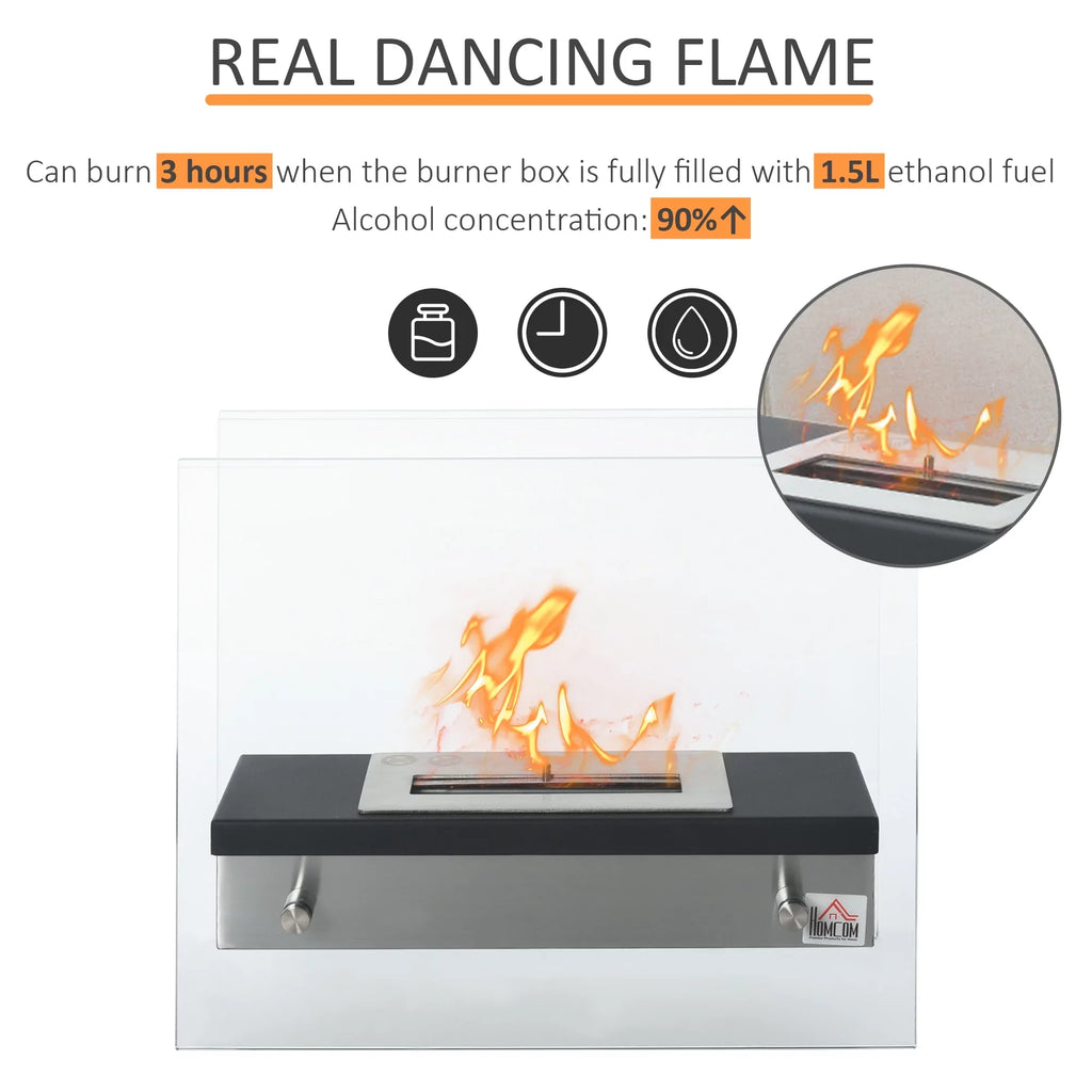 Ft., Burns up to 3 Hours, Black. HOMCOM Ethanol Fireplace, 18.5" Tabletop 0.39 Gal Stainless Steel 269 Sq