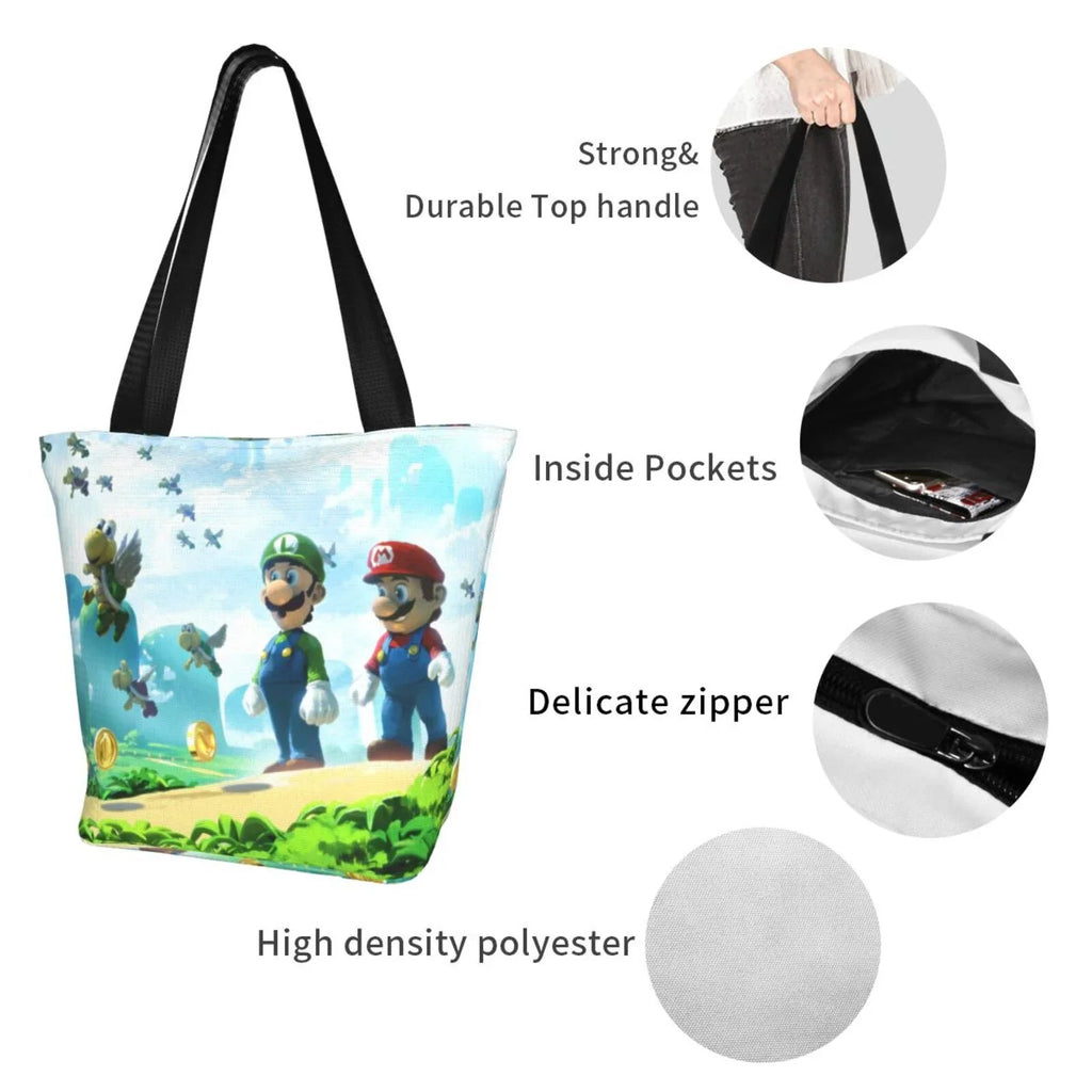 Cartoon Super Mario Luigi Women's Tote Bag Large Capacity Shoulder Handbag For Travel Beach Shopping Business Work School