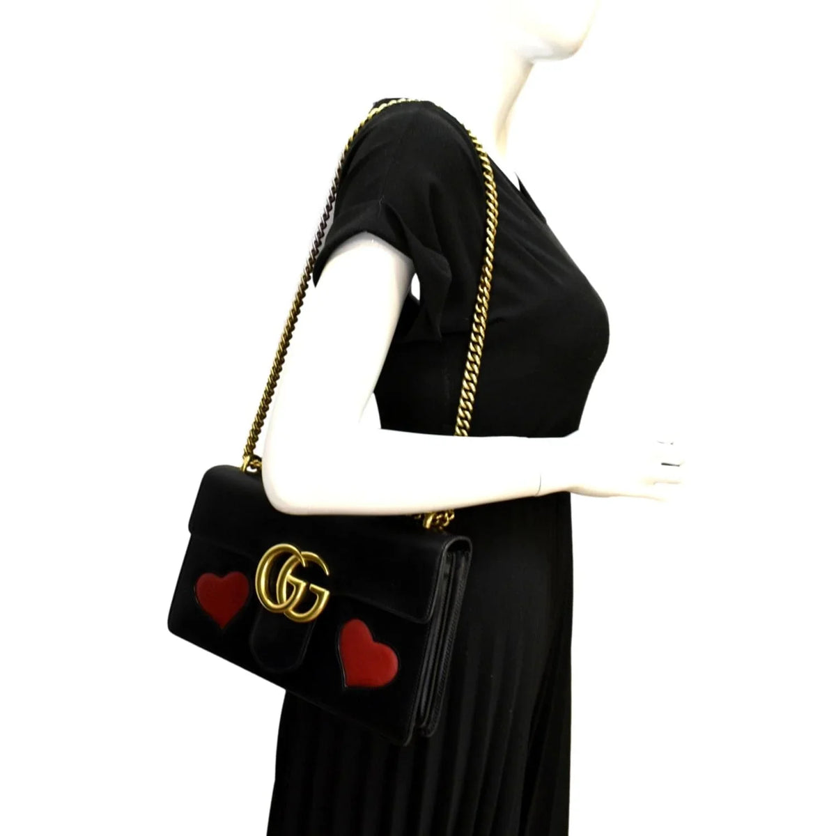 Pre-owned GUCCI Knight Malaga Kid Heart Medium Leather Crossbody Bag Black 431777