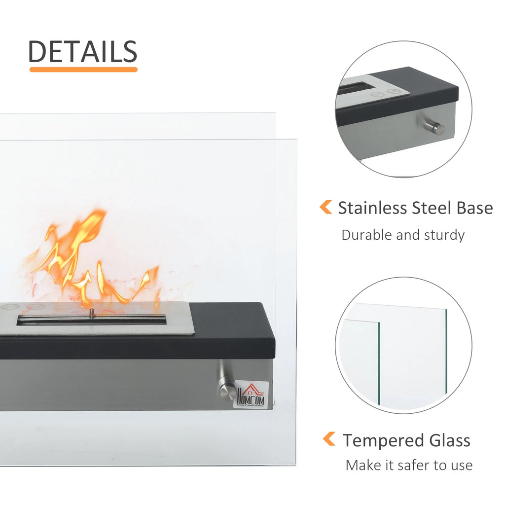 Ft., Burns up to 3 Hours, Black. HOMCOM Ethanol Fireplace, 18.5" Tabletop 0.39 Gal Stainless Steel 269 Sq