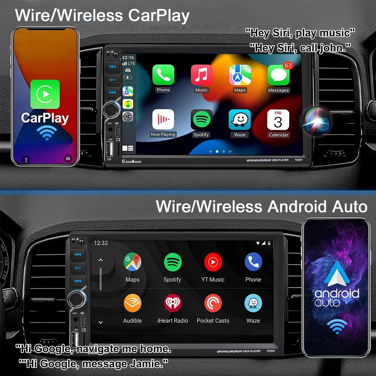 [Wireless] Double Din Car Stereo  CarPlay Android Auto Bluetooth 7" Touchscreen USB Rear Camera AM/FM Radio