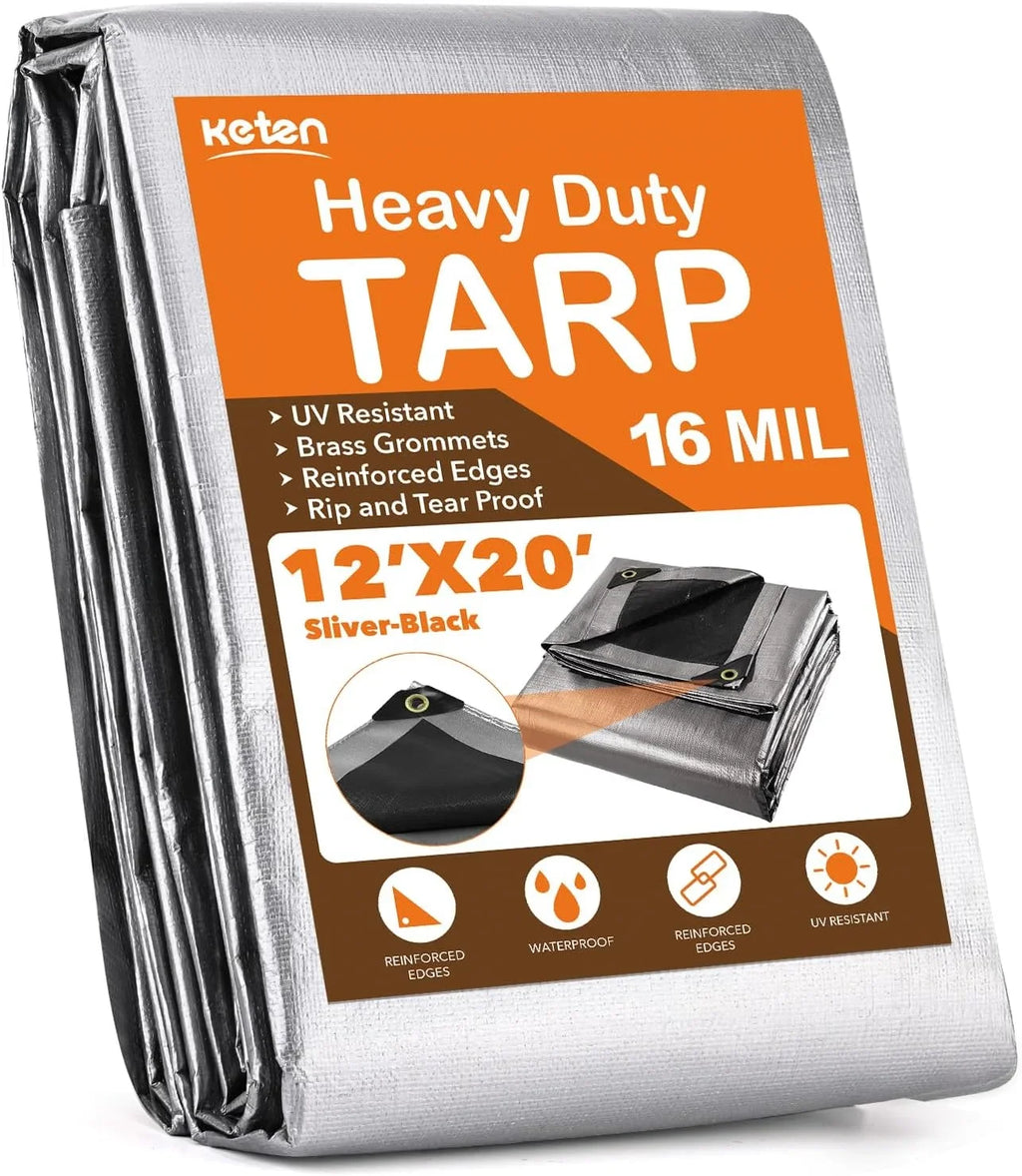 Tarps Heavy Duty Waterproof 12? X 20?, Extra Thick 16 Mil, Tear & Fade protected, 100% UV Blocking, Outdoor Tarp with Reinforced Grommets for Roof, Camping, Patio, Pool, vessel(Silver/Black)