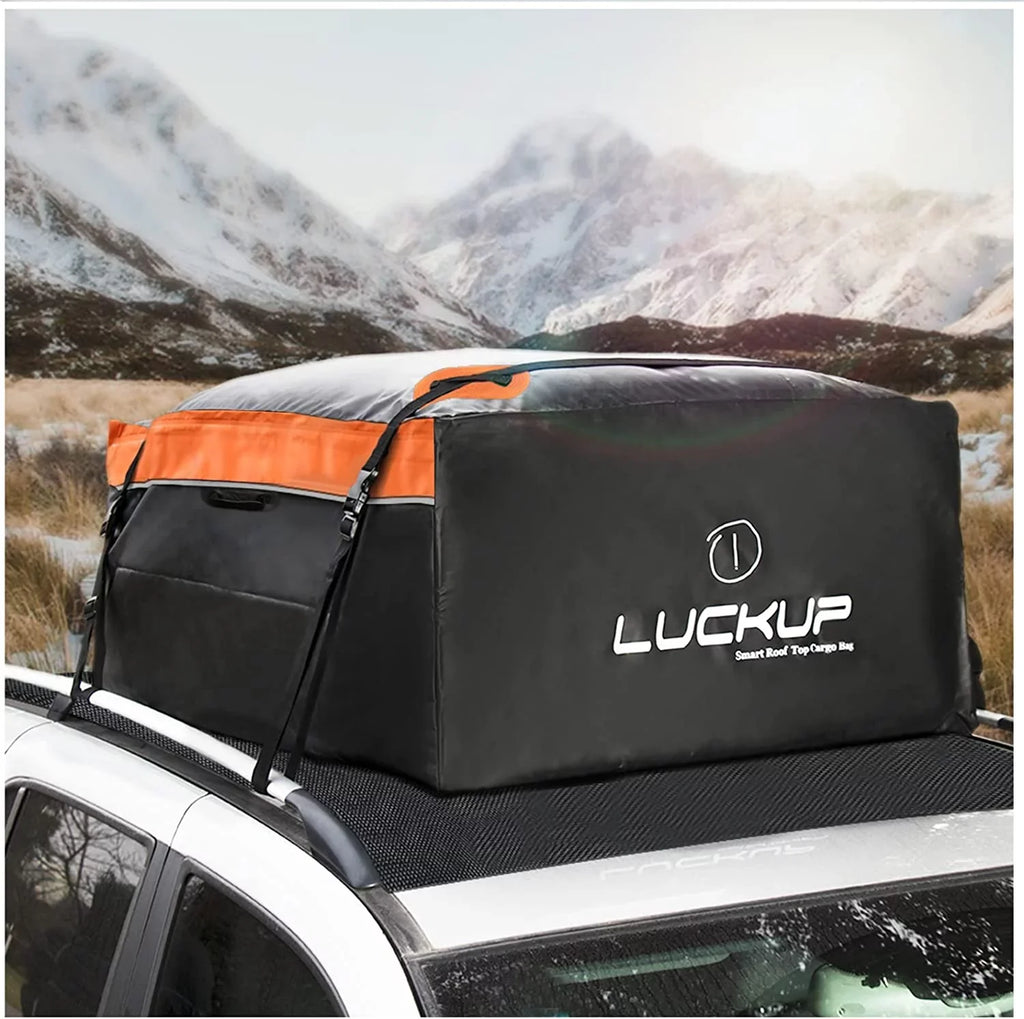 LUCKUP Roof Rack Car Cargo Carrier Bag,18.5 Cubic Ft Rooftop Box, Waterproof &Durable with Anti-Slip Mat, Heavy Duty Wide Straps and Buckles, suitable for All Car Models (Black & Orange)