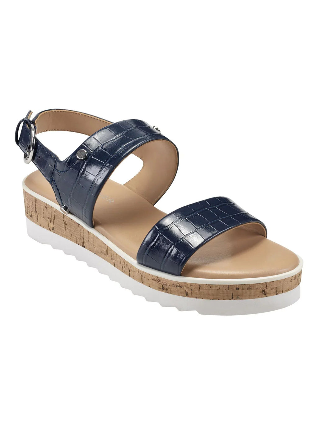 MARC FISHER Womens Blue Mixed Media Demi 1" Platform Gordy Almond Toe Wedge Buckle Sandals Shoes 8.5 M
