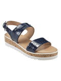 MARC FISHER Womens Blue Mixed Media Demi 1" Platform Gordy Almond Toe Wedge Buckle Sandals Shoes 8.5 M