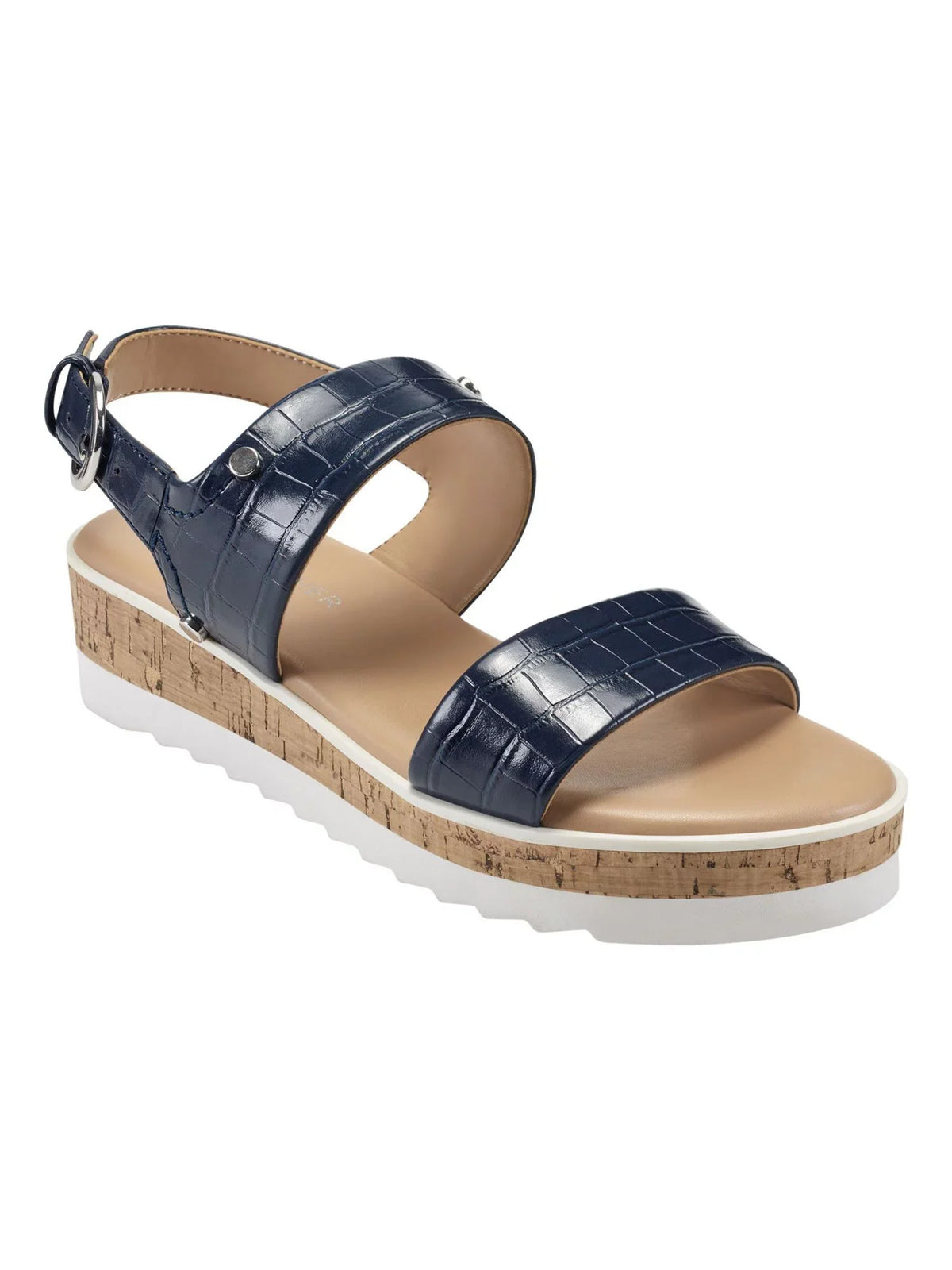 MARC FISHER Womens Blue Mixed Media Demi 1" Platform Gordy Almond Toe Wedge Buckle Sandals Shoes 8.5 M