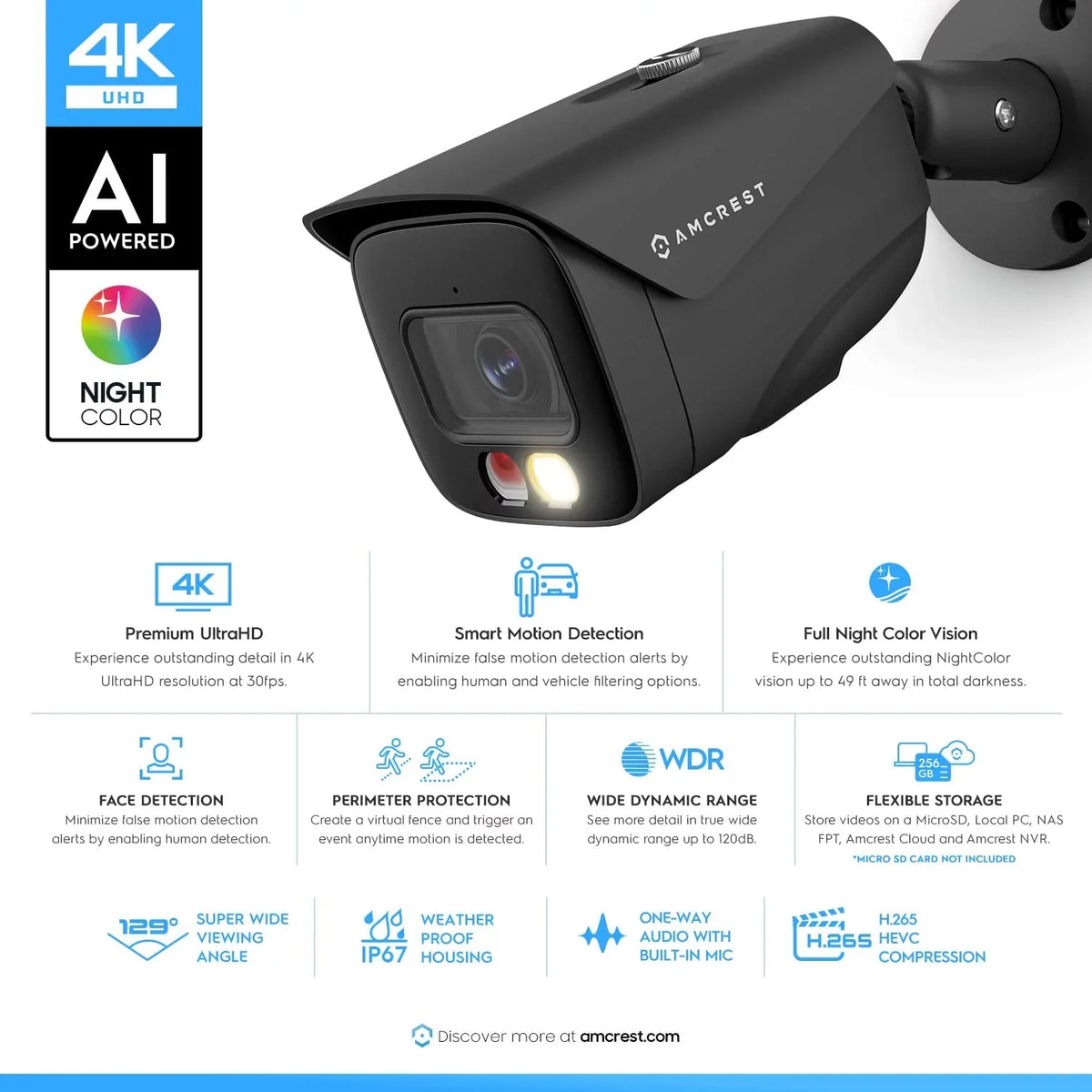 Amcrest 4K IP PoE AI Camera UltraHD 8MP Security Outdoor Camera, FOV 129°, 49ft Color Nightvision, Human & Vehicle Detection, IP67 Weatherproof, 4K (3840x2160) @15fps, Black, IP8M-2796EB-AI