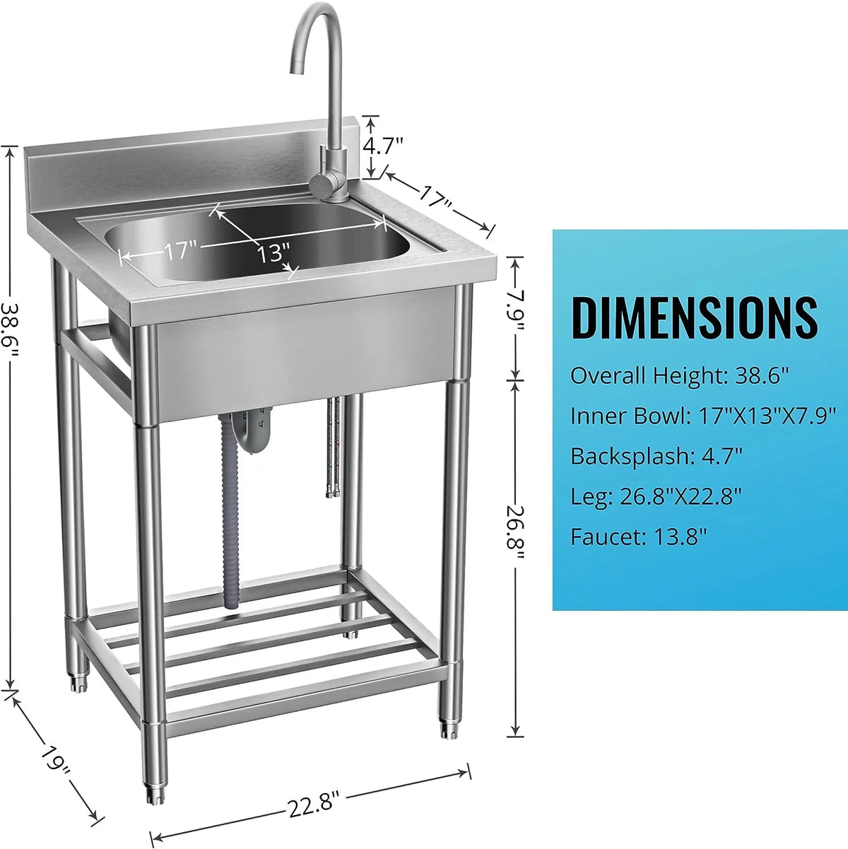 Utility Sink Stainless Steel Free Standing Single Bowl with Cold and Hot moisture Pipe - Ideal for Laundry Room, Bathroom, and Farmhouse