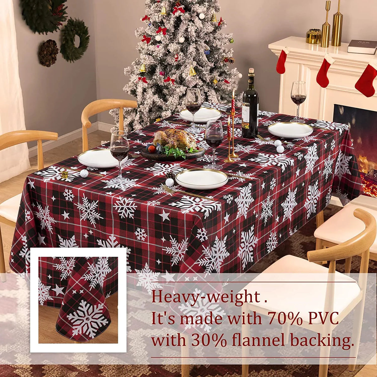 UMINEUX Christmas Tablecloth with Flannel Backing, Waterproof Wipeable Vinyl Rectangle Table wrap for Xmas Parties/Wedding/Holiday/Decoration Use - Heavy Duty Table protector(60x102 Inch, Snowflake)