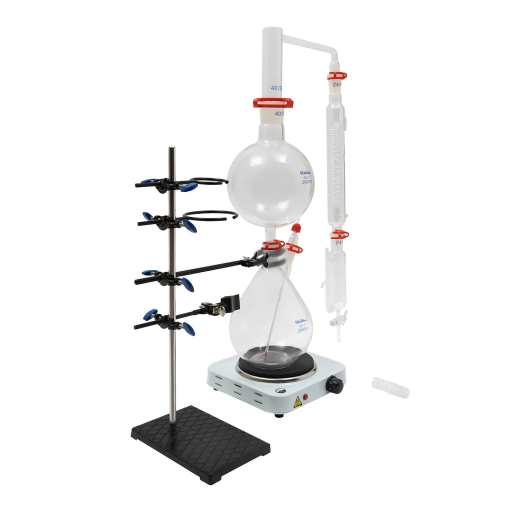 Miumaeov 2000ML Essential Oil Distillation Apparatus with Condenser + Hot Stove + Essential Oil Separator Lab Glass Distillation Kit Steam liquid Distiller Purifier