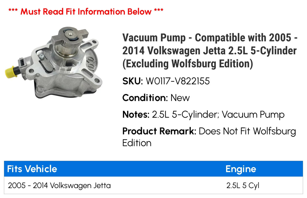 Vacuum Pump - appropriate with 2005 - 2014 Volkswagen Jetta 2.5L 5-Cylinder (Excluding Wolfsburg Edition) 2006 2007 2008 2009 2010 2011 2012 2013