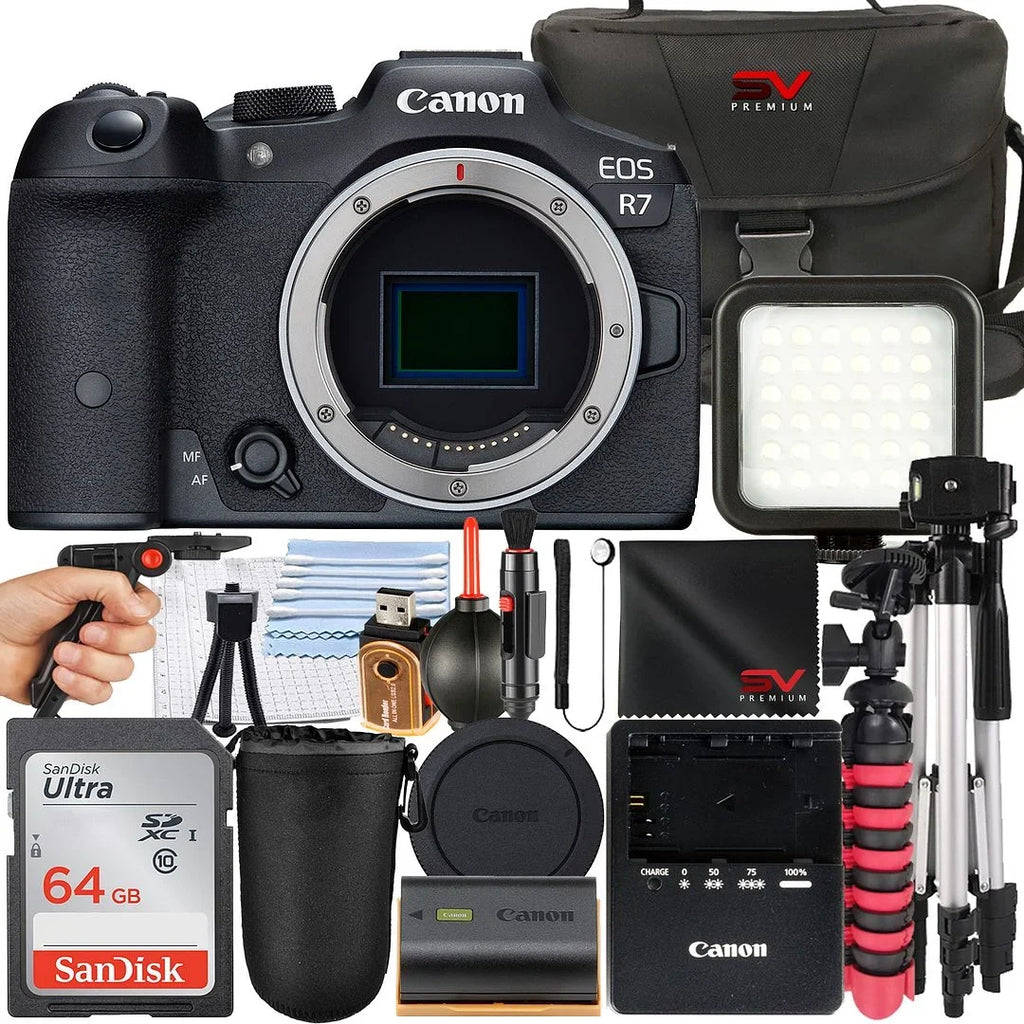 EOS R7 Mirrorless Camera (Body Only) with SanDisk 64GB Memory Card + Case + Tripod + SV Premium Accessory Bundle