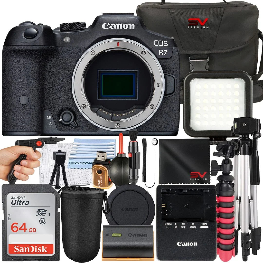 EOS R7 Mirrorless Camera (Body Only) with SanDisk 64GB Memory Card + Case + Tripod + SV Premium Accessory Bundle