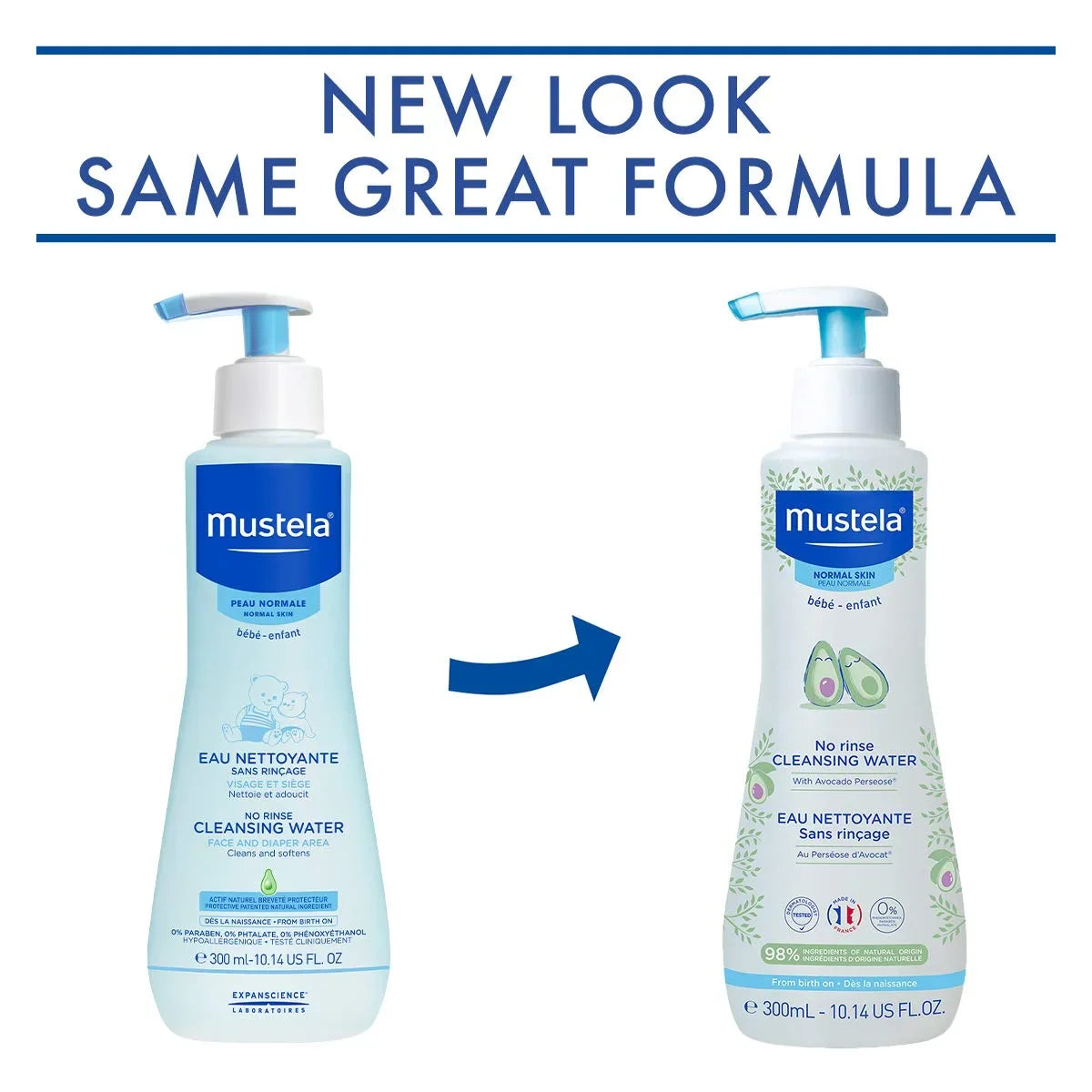 Mustela Baby Cleansing aqua - No-Rinse Micellar liquid - with Natural Avocado & Aloe Vera - for Baby's Face, Body & Diaper - 1 or 2-Pack - Various Sizes